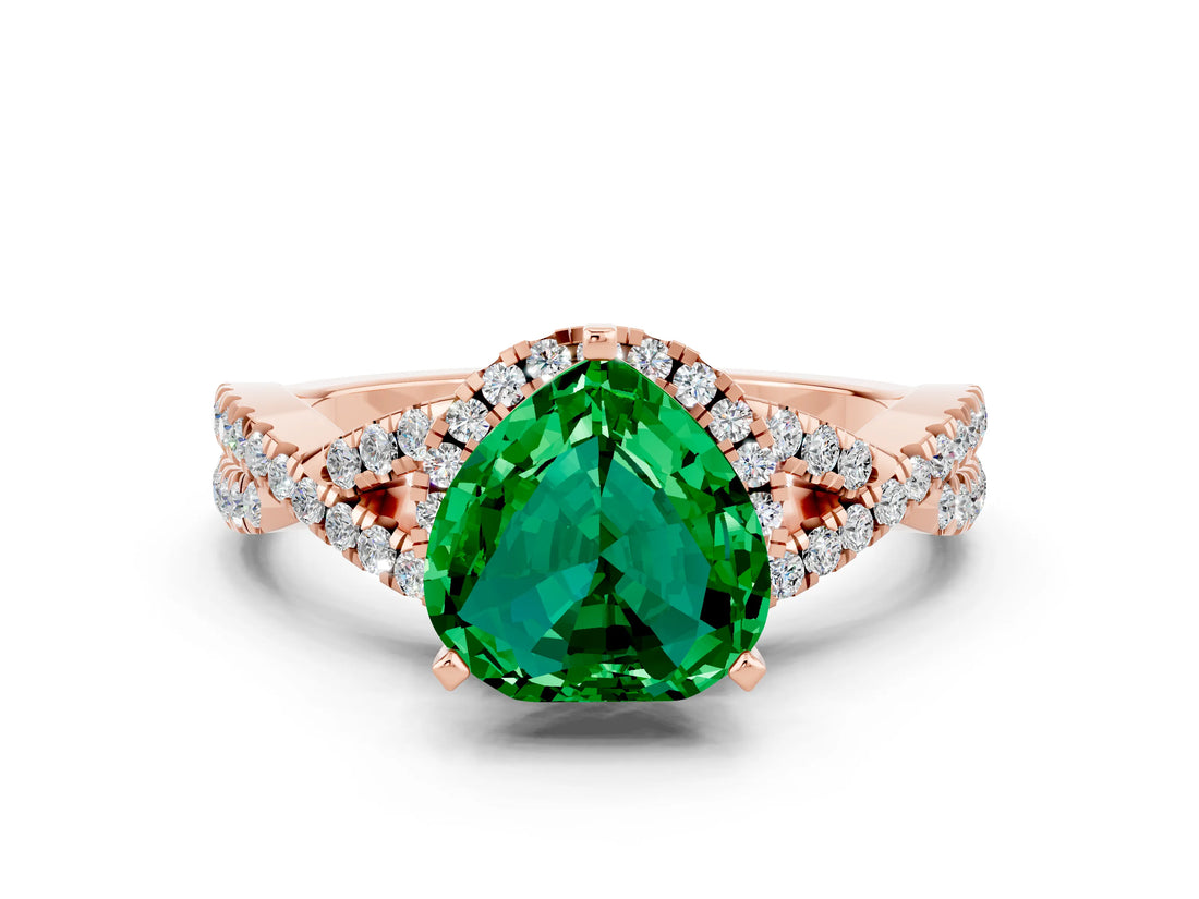 Rose gold Heart Cut Emerald  Halo Twist Band Solitaire Prong Setting Ring_42