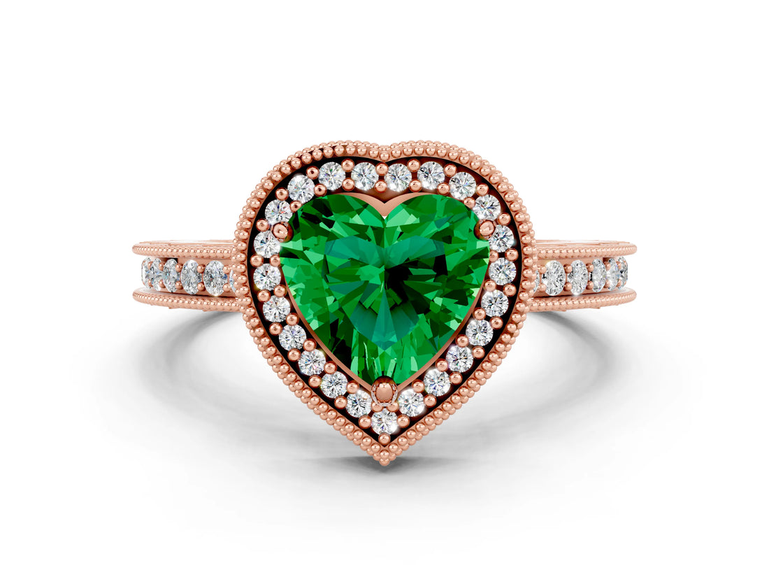 Rose gold Heart Cut Emerald Milgrain Halo Engagement Ring with Round Pavé Band and Prong Setting_12