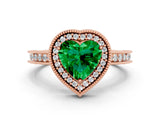 Rose gold Heart Cut Emerald Milgrain Halo Engagement Ring with Round Pavé Band and Prong Setting_12
