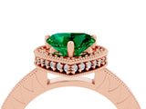 Rose gold Heart Cut Emerald Milgrain Halo Engagement Ring with Round Pavé Band and Prong Setting_16