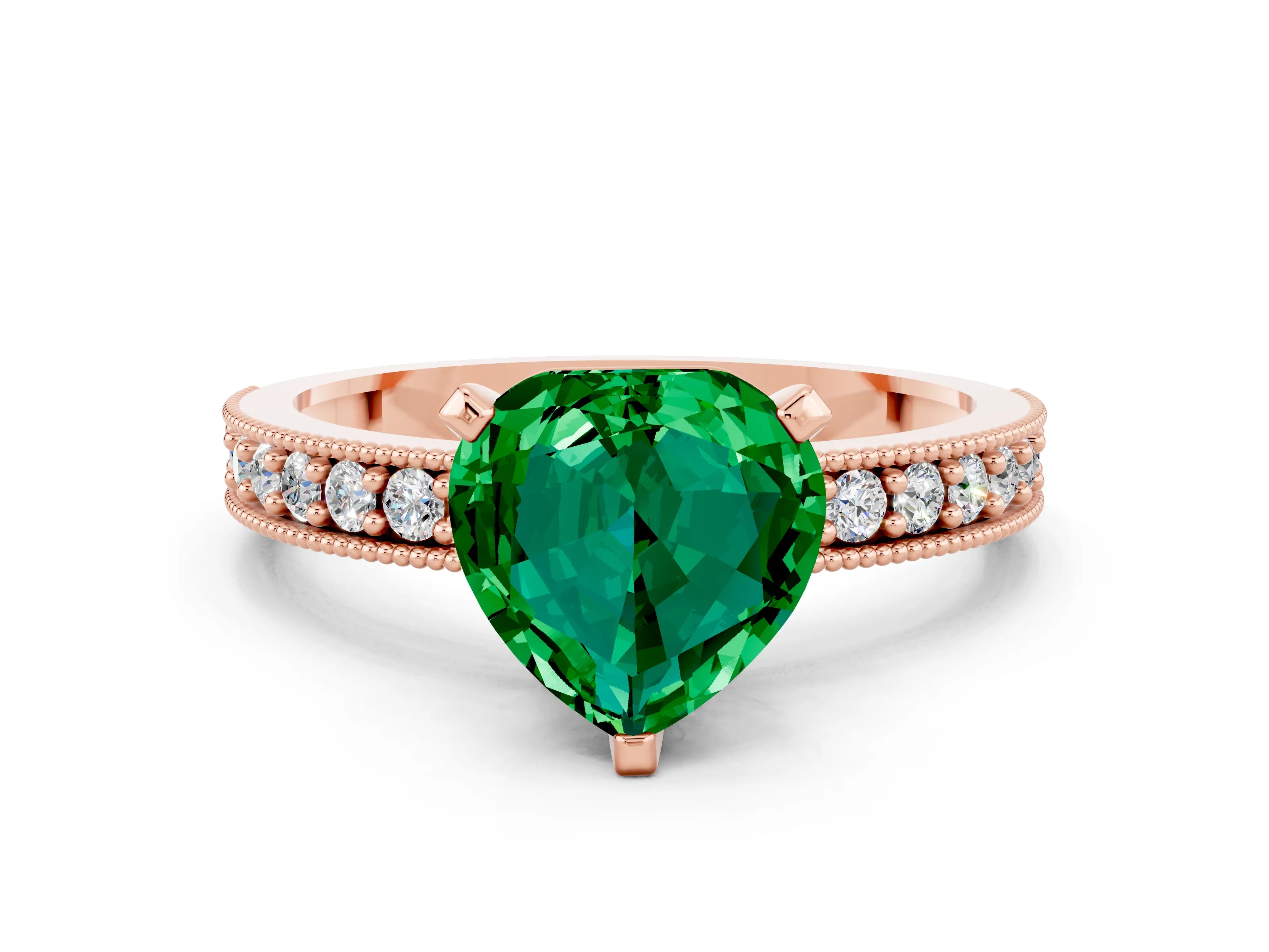 Rose gold Heart Cut Emerald Milgrain Pavé Engagement Ring with Four-Prong Setting_12