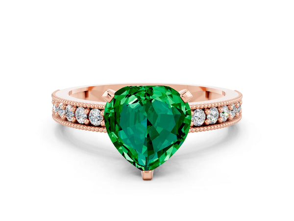 Rose gold Heart Cut Emerald Milgrain Pavé Engagement Ring with Four-Prong Setting