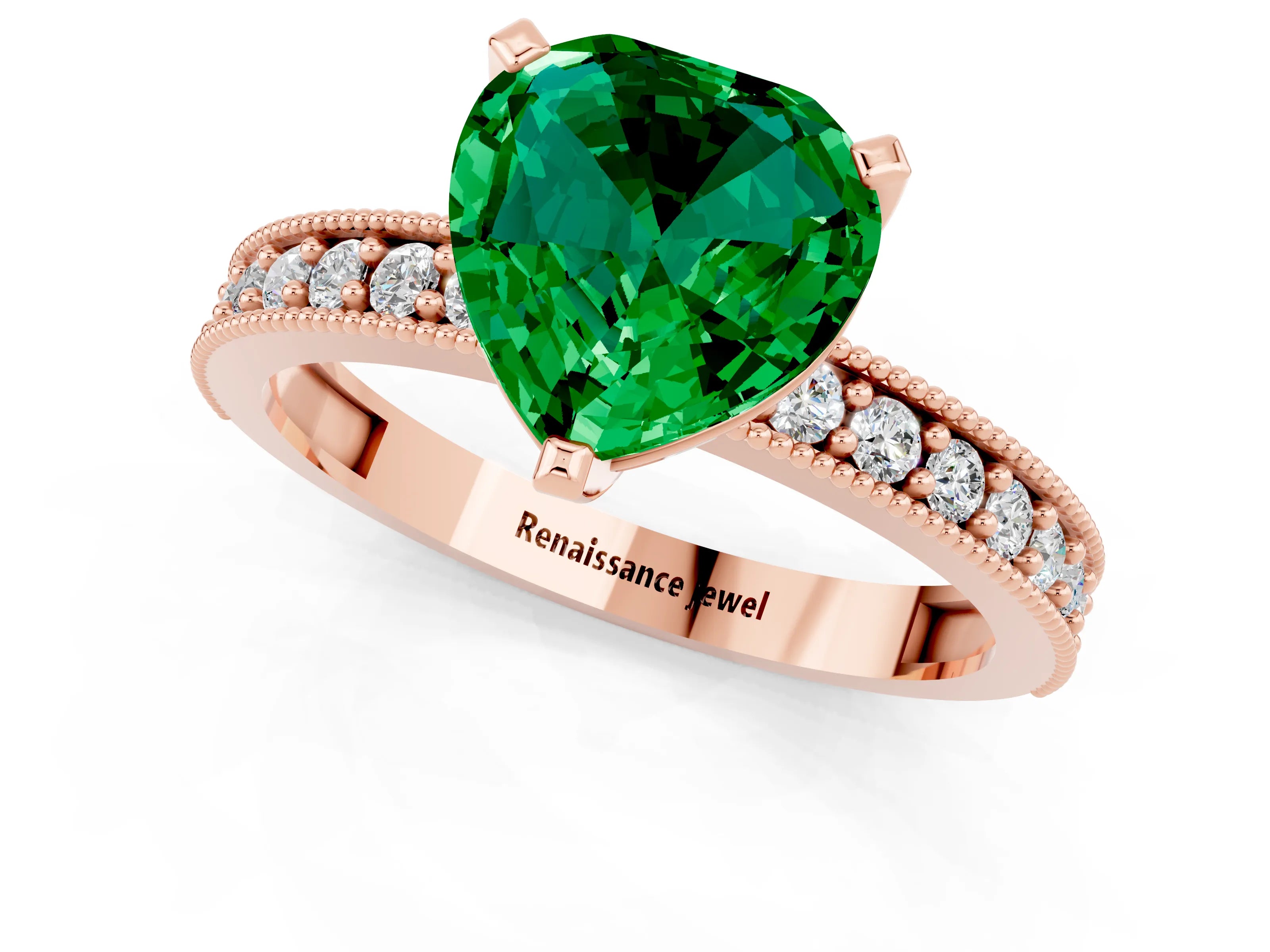 Rose gold Heart Cut Emerald Milgrain Pavé Engagement Ring with Four-Prong Setting_13