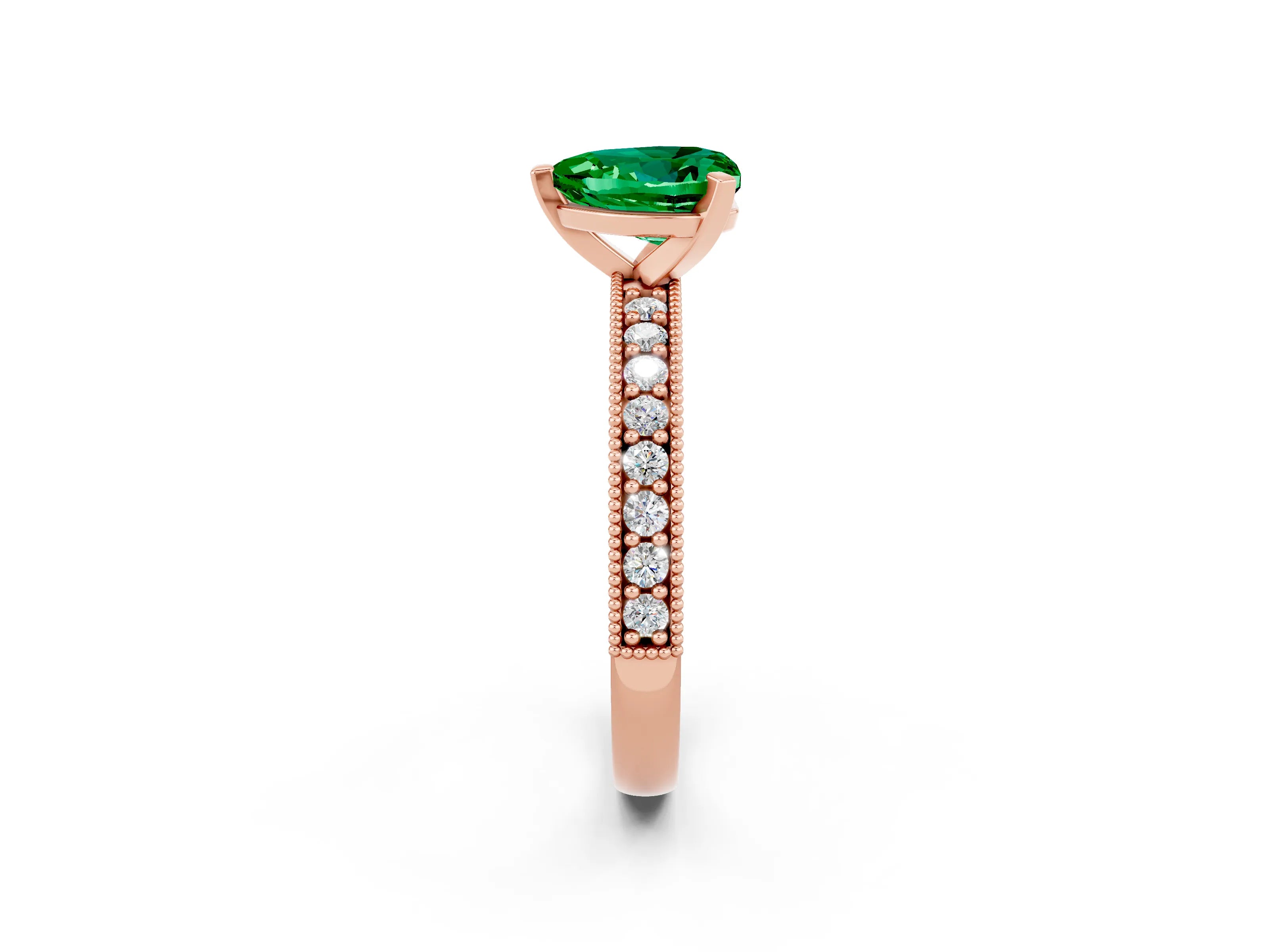 Rose gold Heart Cut Emerald Milgrain Pavé Engagement Ring with Four-Prong Setting_14