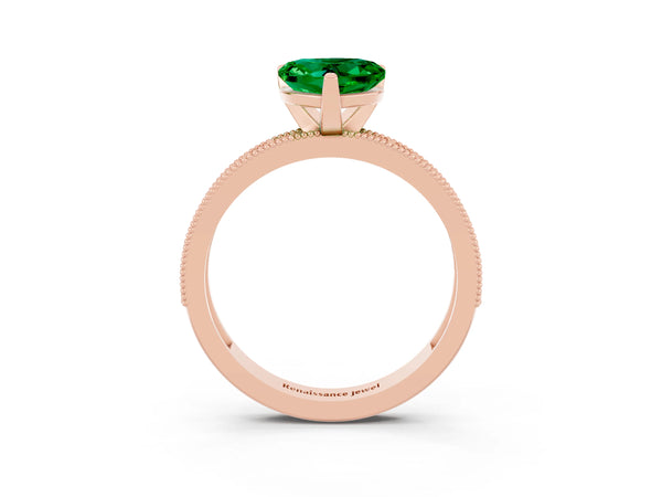 Rose gold Heart Cut Emerald Milgrain Pavé Engagement Ring with Four-Prong Setting