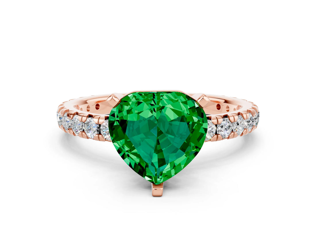 Rose gold Heart Cut Emerald Pavé Solitaire Ring with Round Band and Prong Setting_24