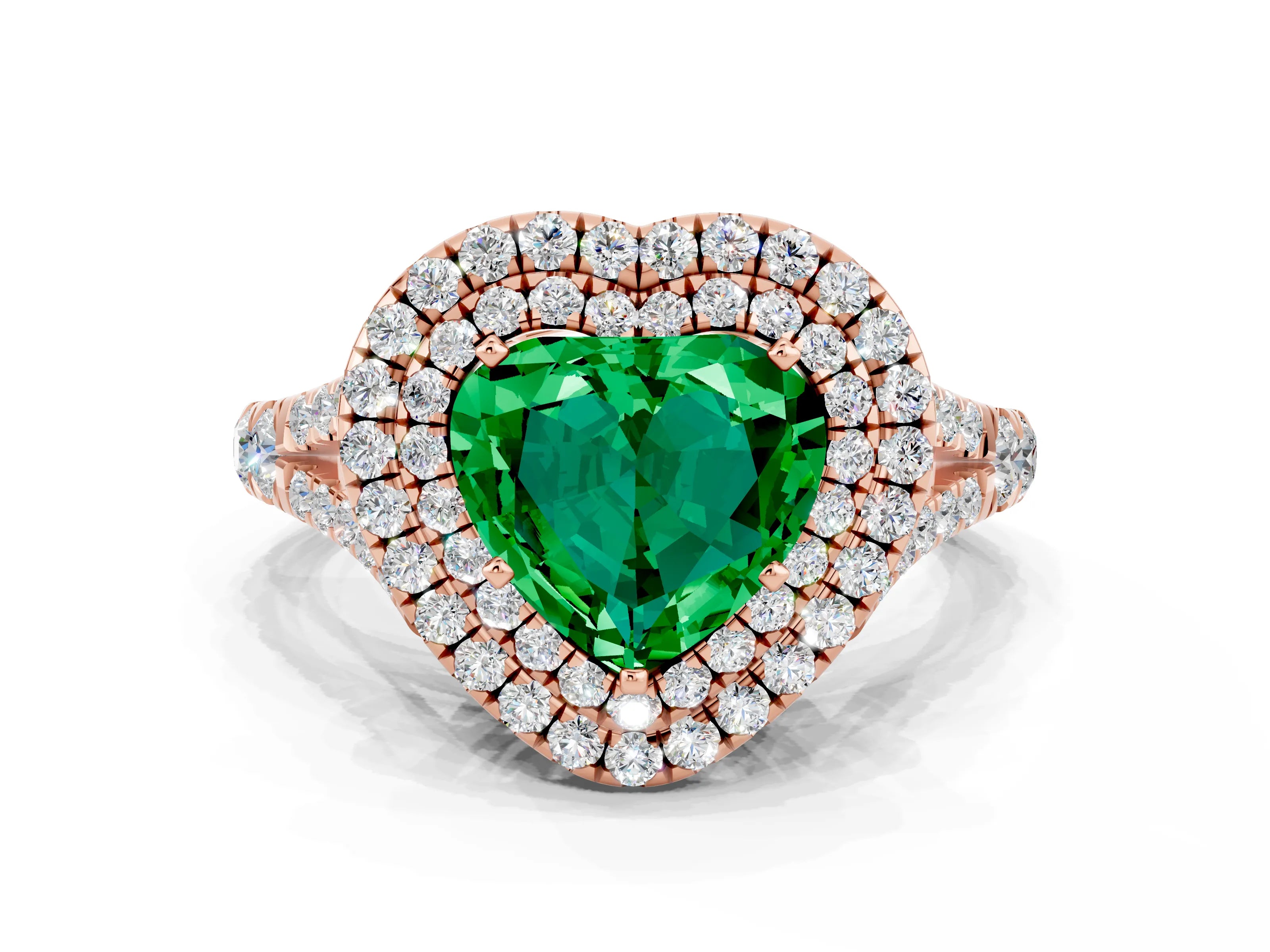 Rose gold Heart Cut Emerald Pavé Split Shank Double Halo Engagement Ring