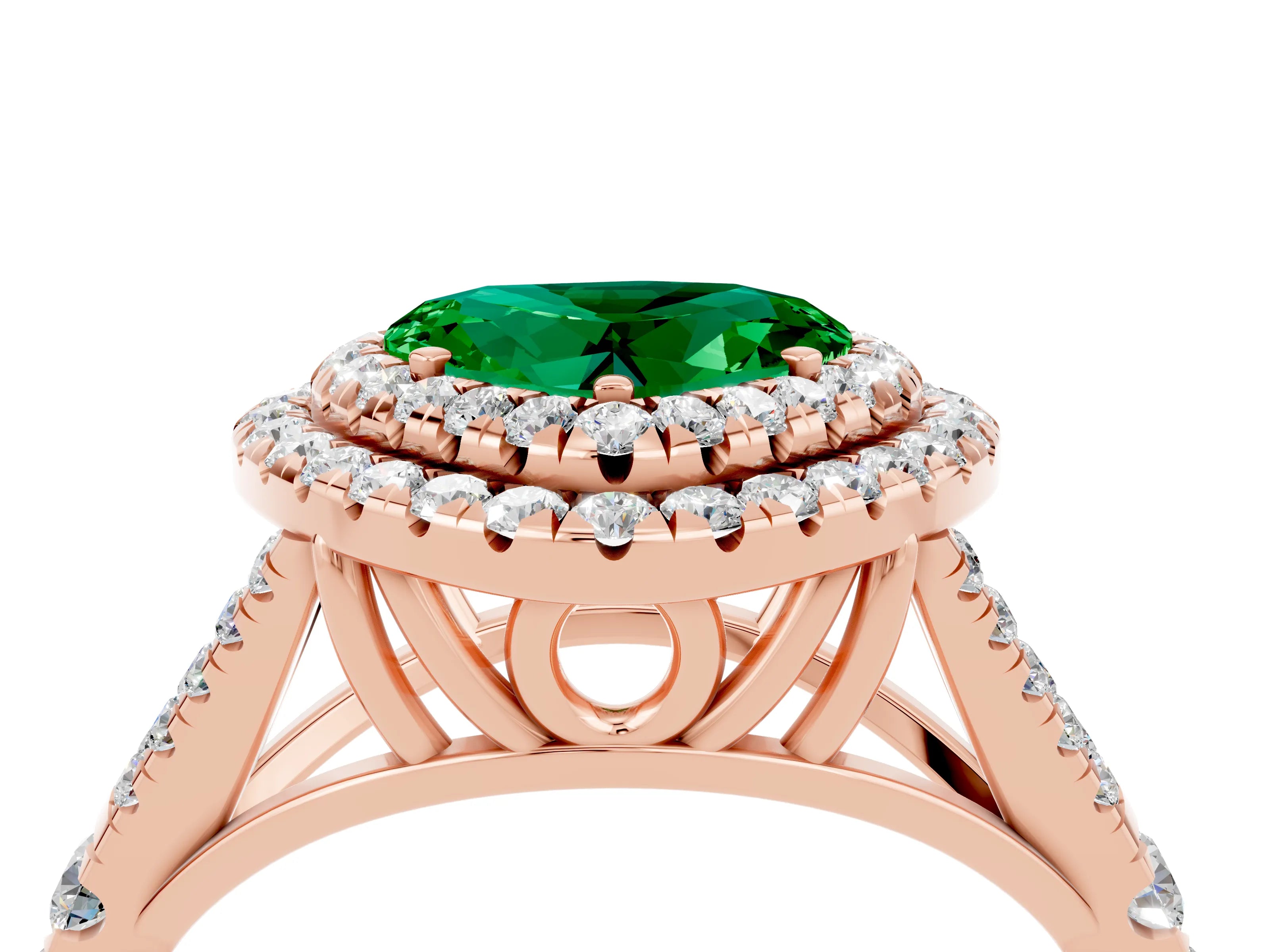 Rose gold Heart Cut Emerald Pavé Split Shank Double Halo Engagement Ring_4