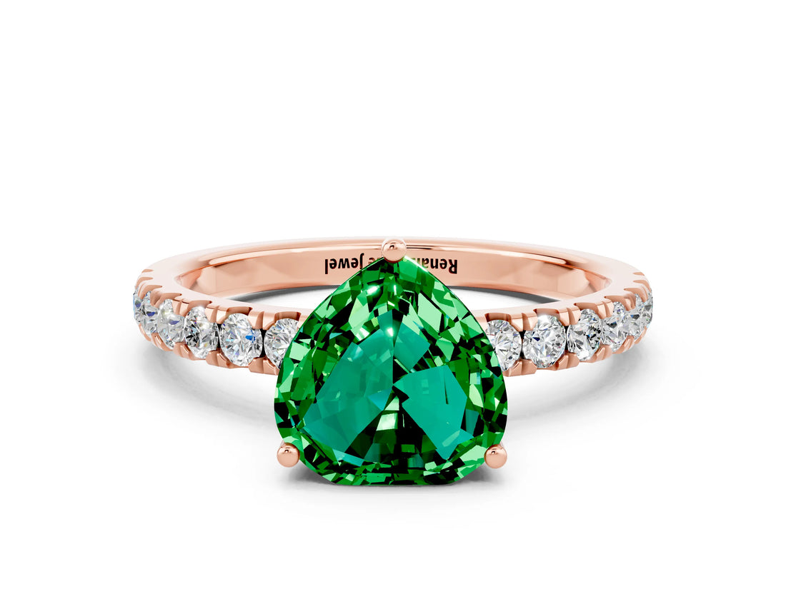 Rose gold Heart Cut Emerald Pave Band Solitaire Ring with Four-Prong Setting_24