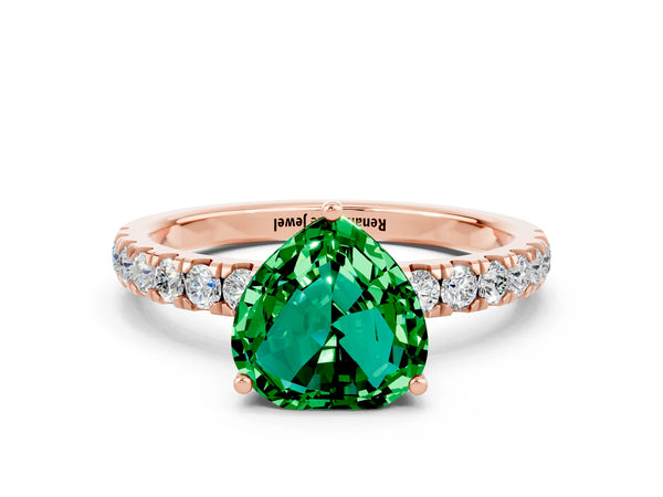 Rose gold Heart Cut Emerald Pave Band Solitaire Ring with Round  and Prong Setting