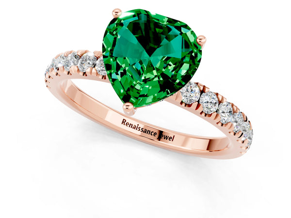 Rose gold Heart Cut Emerald Pave Band Solitaire Ring with Round  and Prong Setting