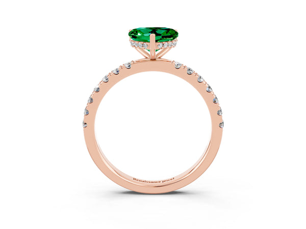 Rose gold Heart Cut Emerald Pave Band Solitaire Ring with Round  and Prong Setting