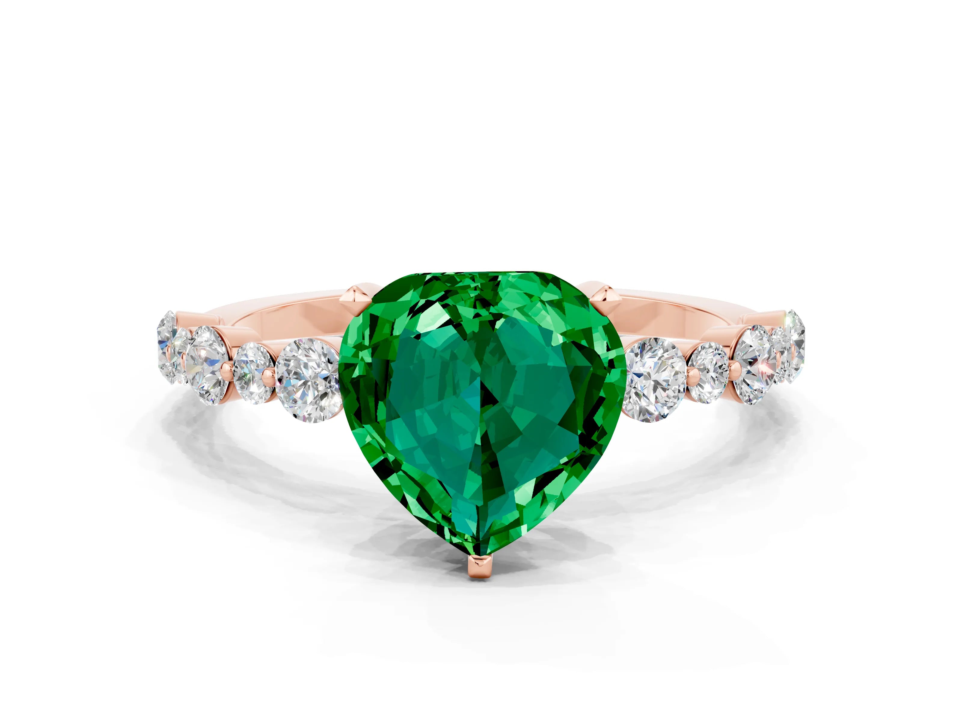 Rose gold Heart Cut Emerald Prong Set Engagement Ring with Pavé Band