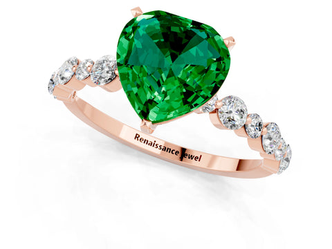 Rose gold Heart Cut Emerald Prong Set Engagement Ring with Pavé Band_1