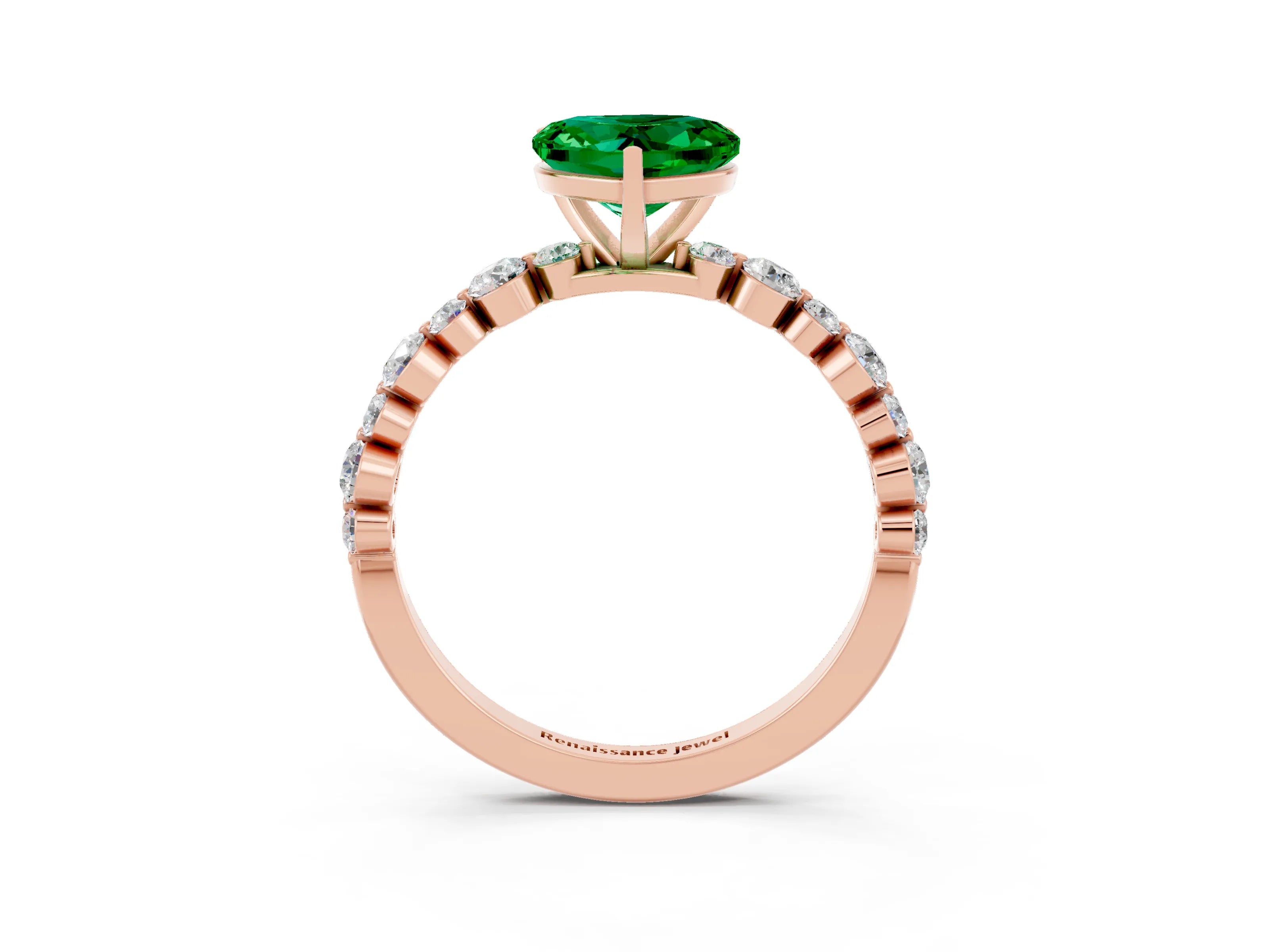 Rose gold Heart Cut Emerald Prong Set Engagement Ring with Pavé Band_3