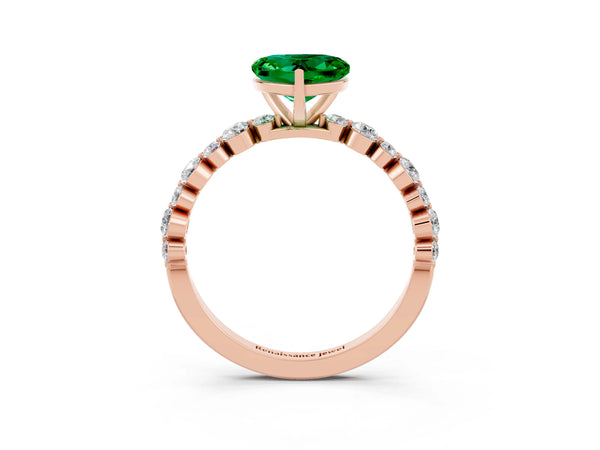 Rose gold Heart Cut Emerald Prong Set Engagement Ring with Pavé Band