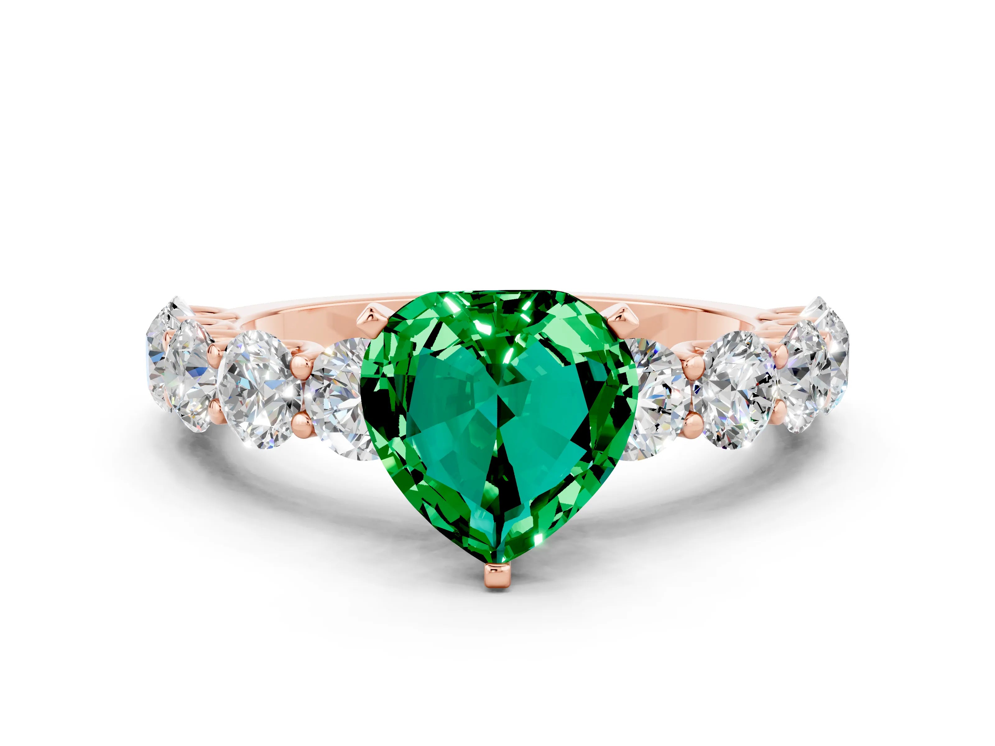 Rose gold Heart Cut Emerald Prong Setting with Side Stones on a Pave Band