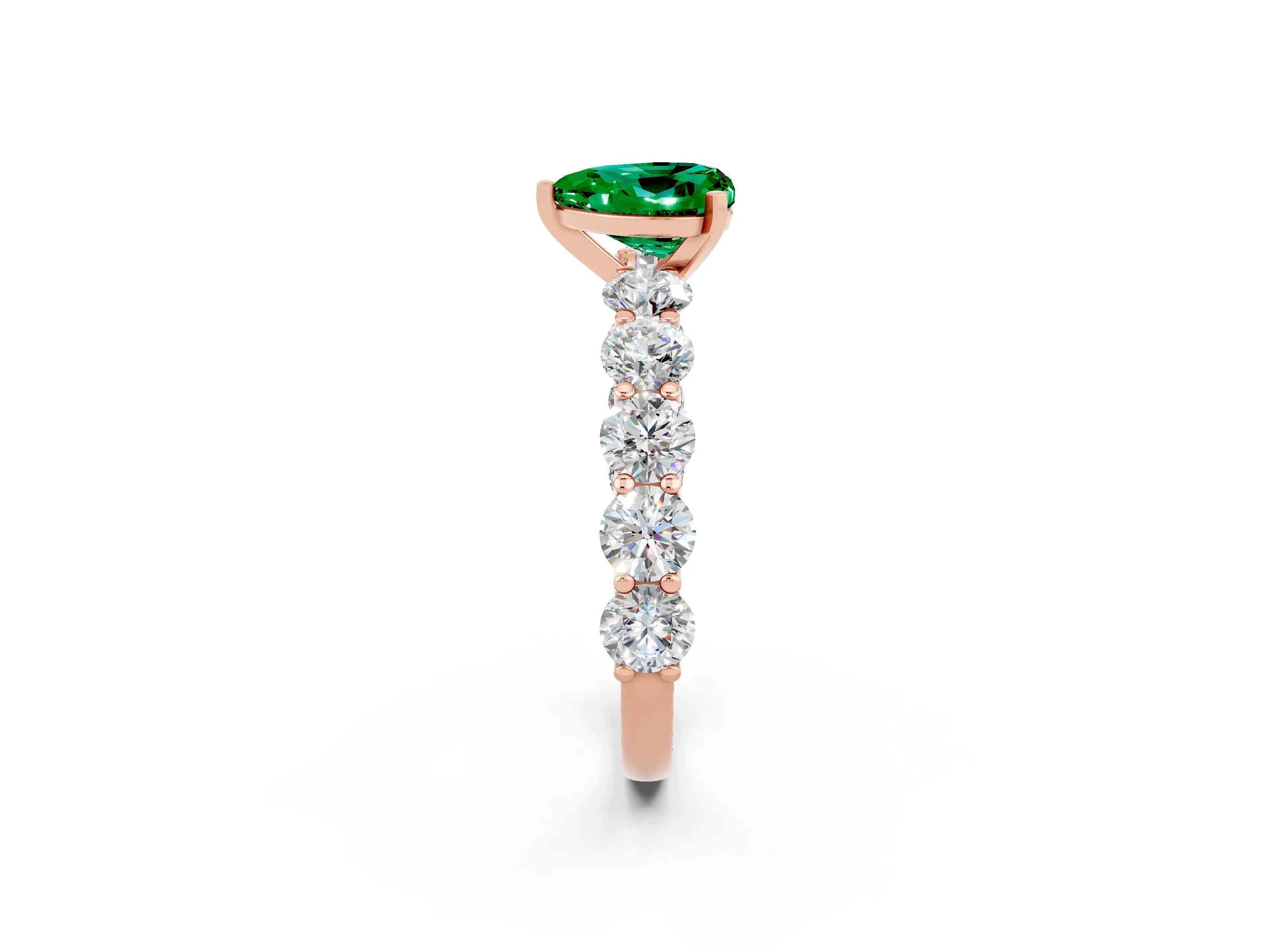 Rose gold Heart Cut Emerald Prong Setting with Side Stones on a Pave Band_2