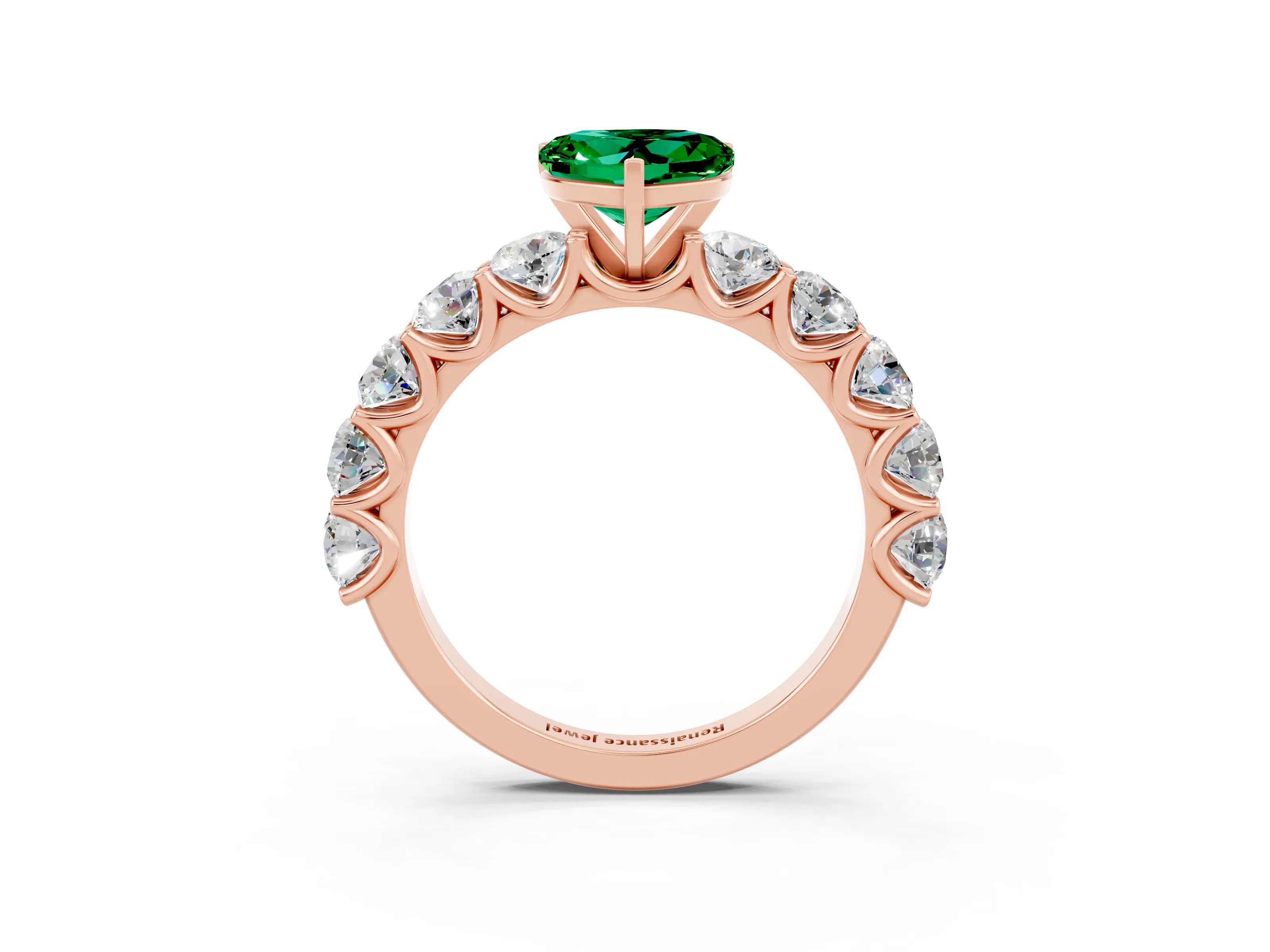 Rose gold Heart Cut Emerald Prong Setting with Side Stones on a Pave Band_3