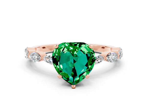 Rose gold Heart Cut Emerald Ring with Marquise Side Stones and Prong Setting