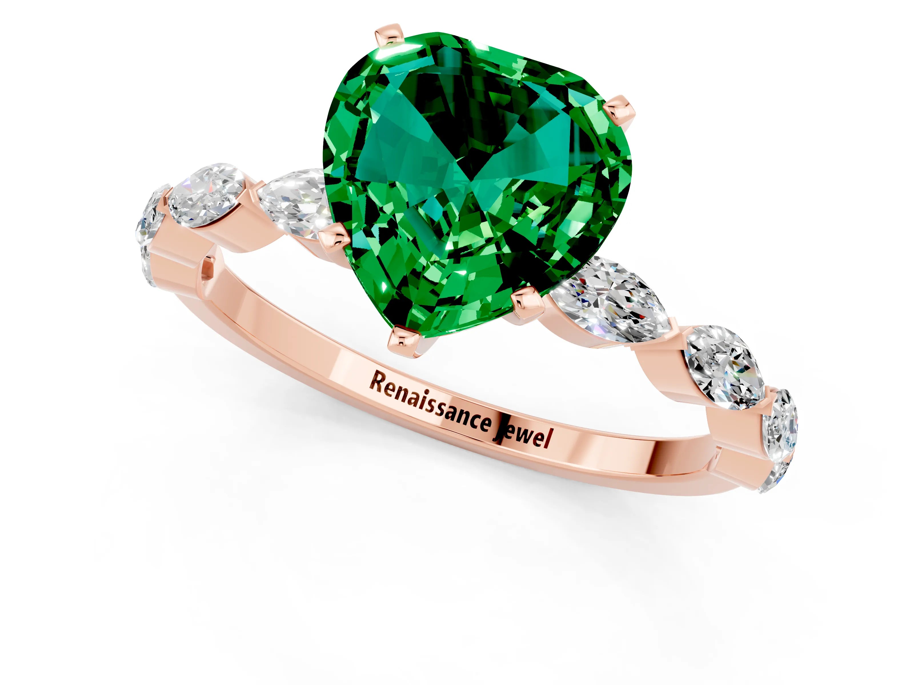 Rose gold Heart Cut Emerald Ring with Marquise Side Stones and Prong Setting_1