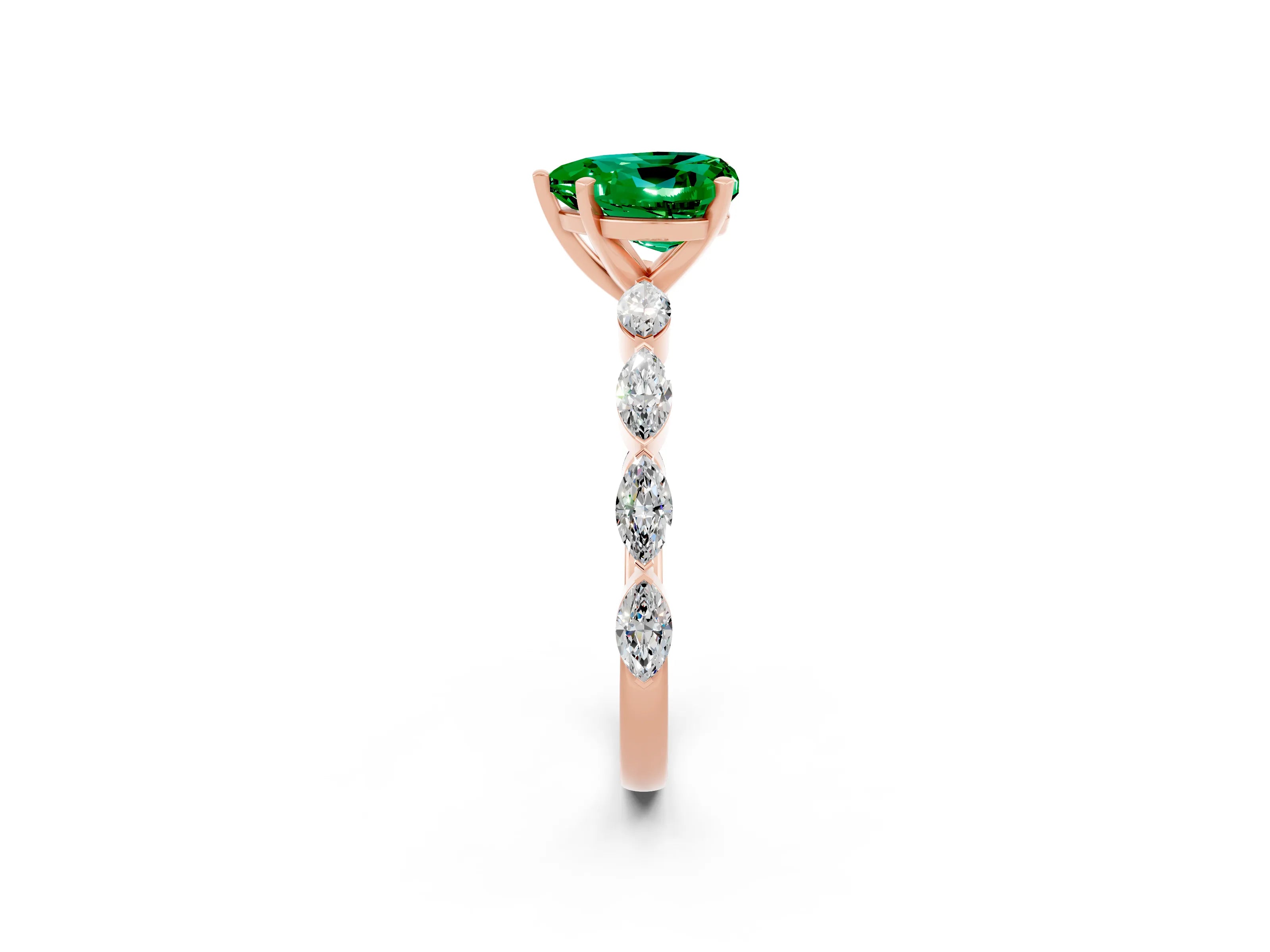 Rose gold Heart Cut Emerald Ring with Marquise Side Stones and Prong Setting_2