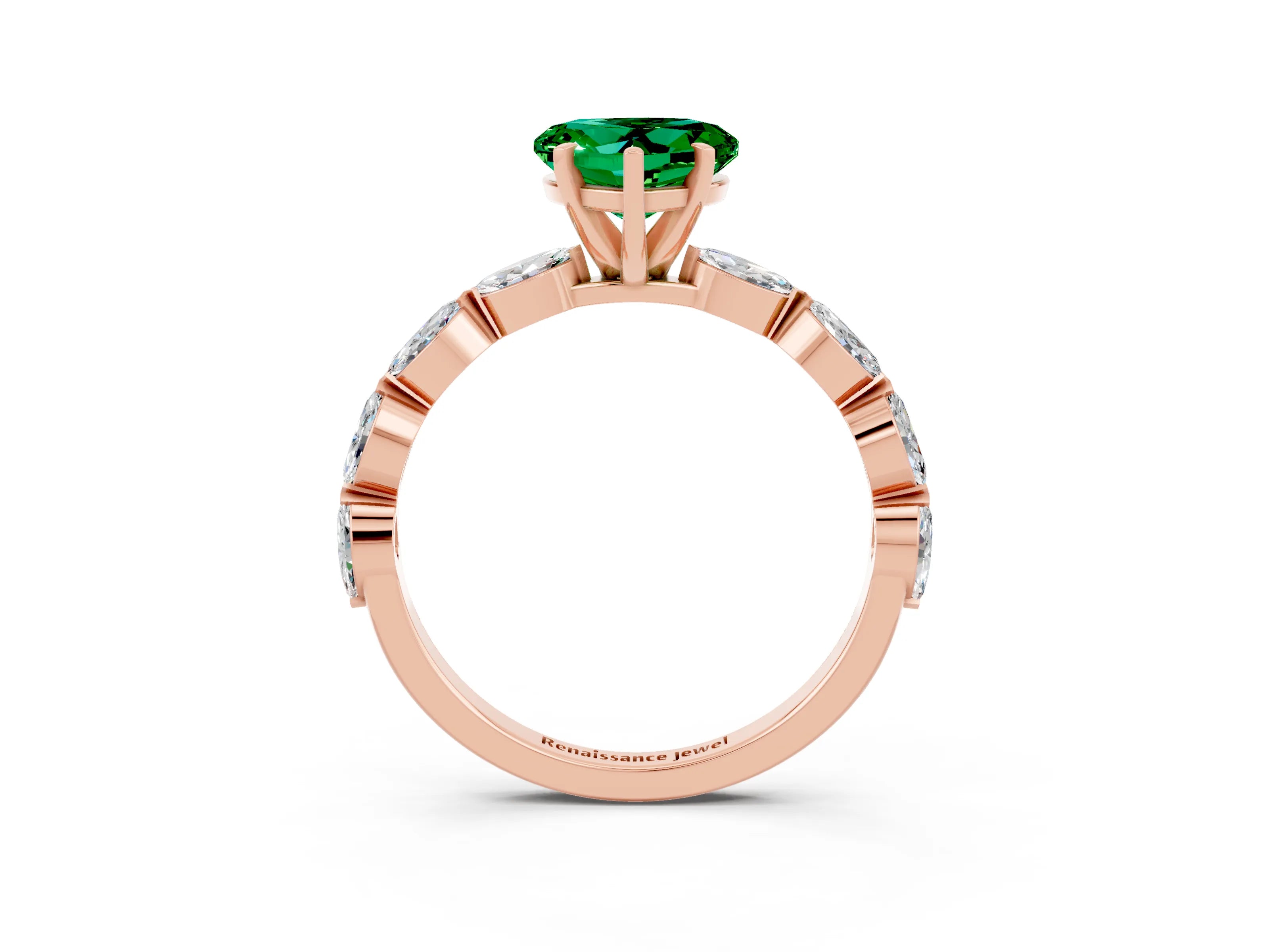 Rose gold Heart Cut Emerald Ring with Marquise Side Stones and Prong Setting_3