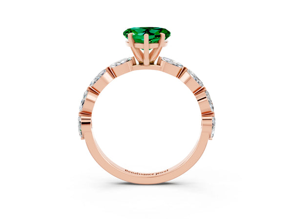 Rose gold Heart Cut Emerald Ring with Marquise Side Stones and Prong Setting