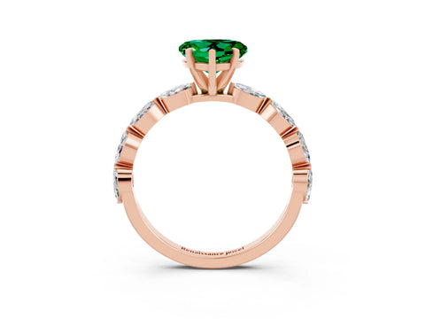Rose gold Heart Cut Emerald Ring with Marquise Side Stones and Prong Setting_3