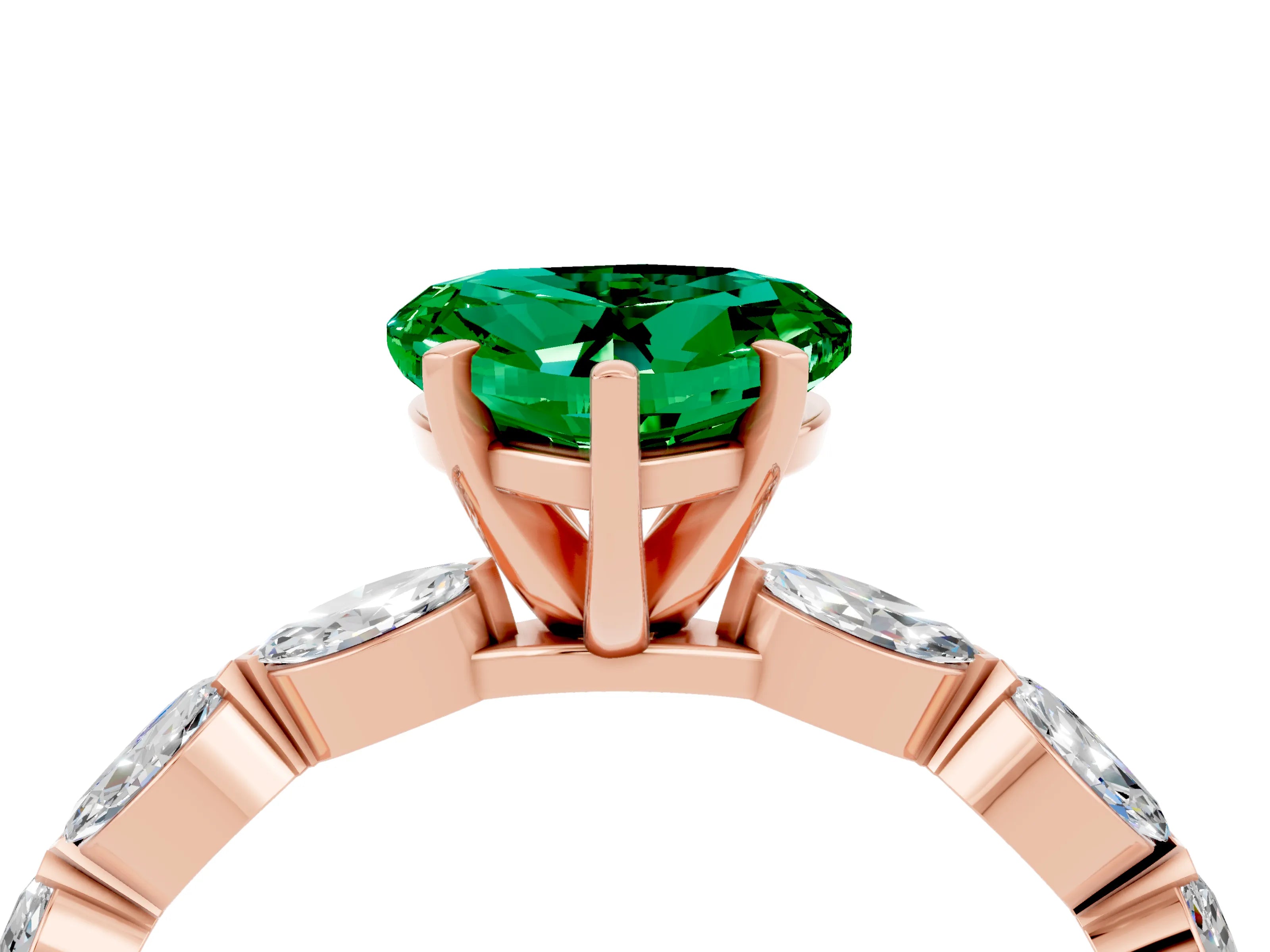 Rose gold Heart Cut Emerald Ring with Marquise Side Stones and Prong Setting_4