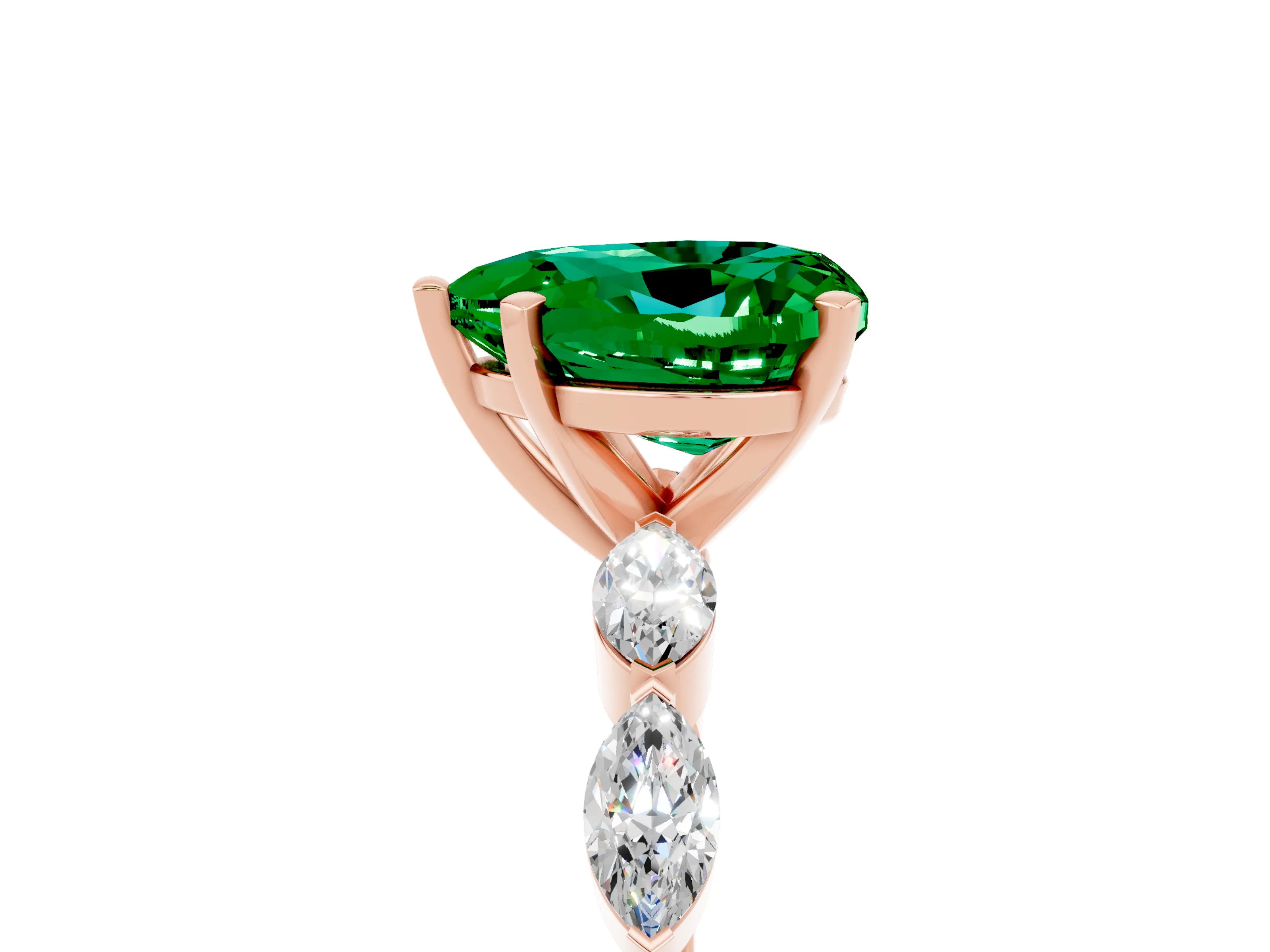Rose gold Heart Cut Emerald Ring with Marquise Side Stones and Prong Setting_5