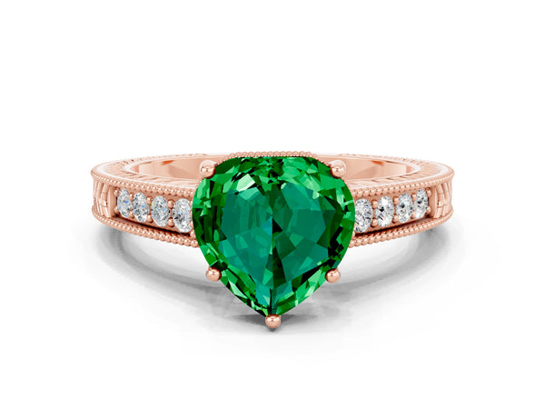 Rose gold Heart Cut Emerald Ring with Milgrain Pavé Band and Four-Prong Setting