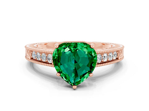 Rose gold Heart Cut Emerald Ring with Milgrain Pavé Band and Four-Prong Setting_12