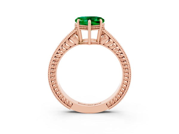 Rose gold Heart Cut Emerald Ring with Milgrain Pavé Band and Four-Prong Setting