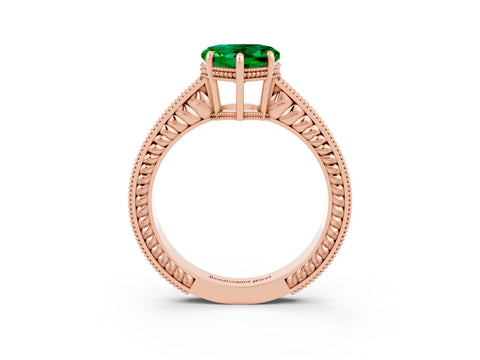 Rose gold Heart Cut Emerald Ring with Milgrain Pavé Band and Four-Prong Setting_15