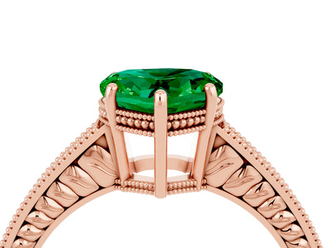 Rose gold Heart Cut Emerald Ring with Milgrain Pavé Band and Four-Prong Setting_16