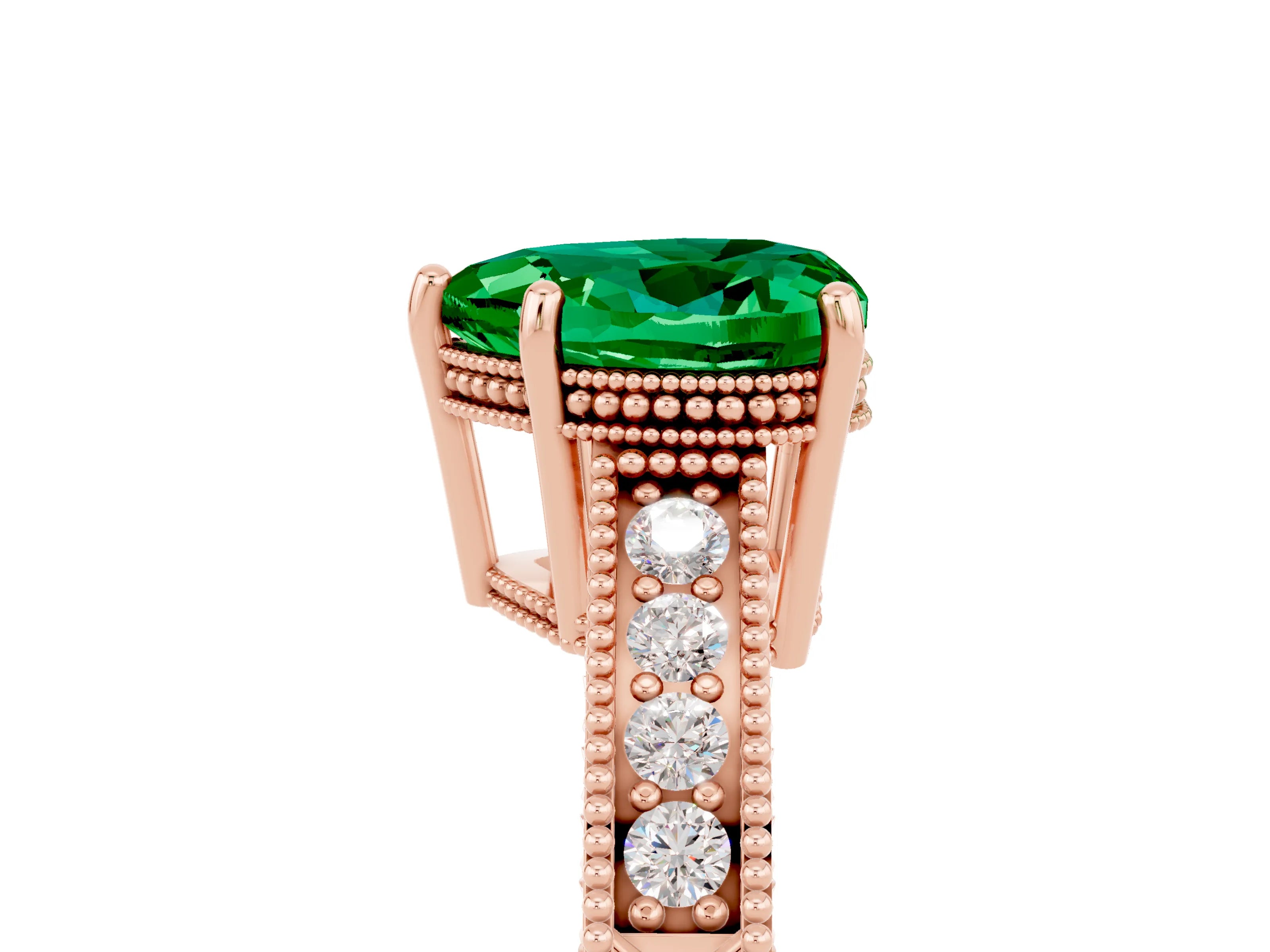 Rose gold Heart Cut Emerald Ring with Milgrain Pavé Band and Four-Prong Setting_17