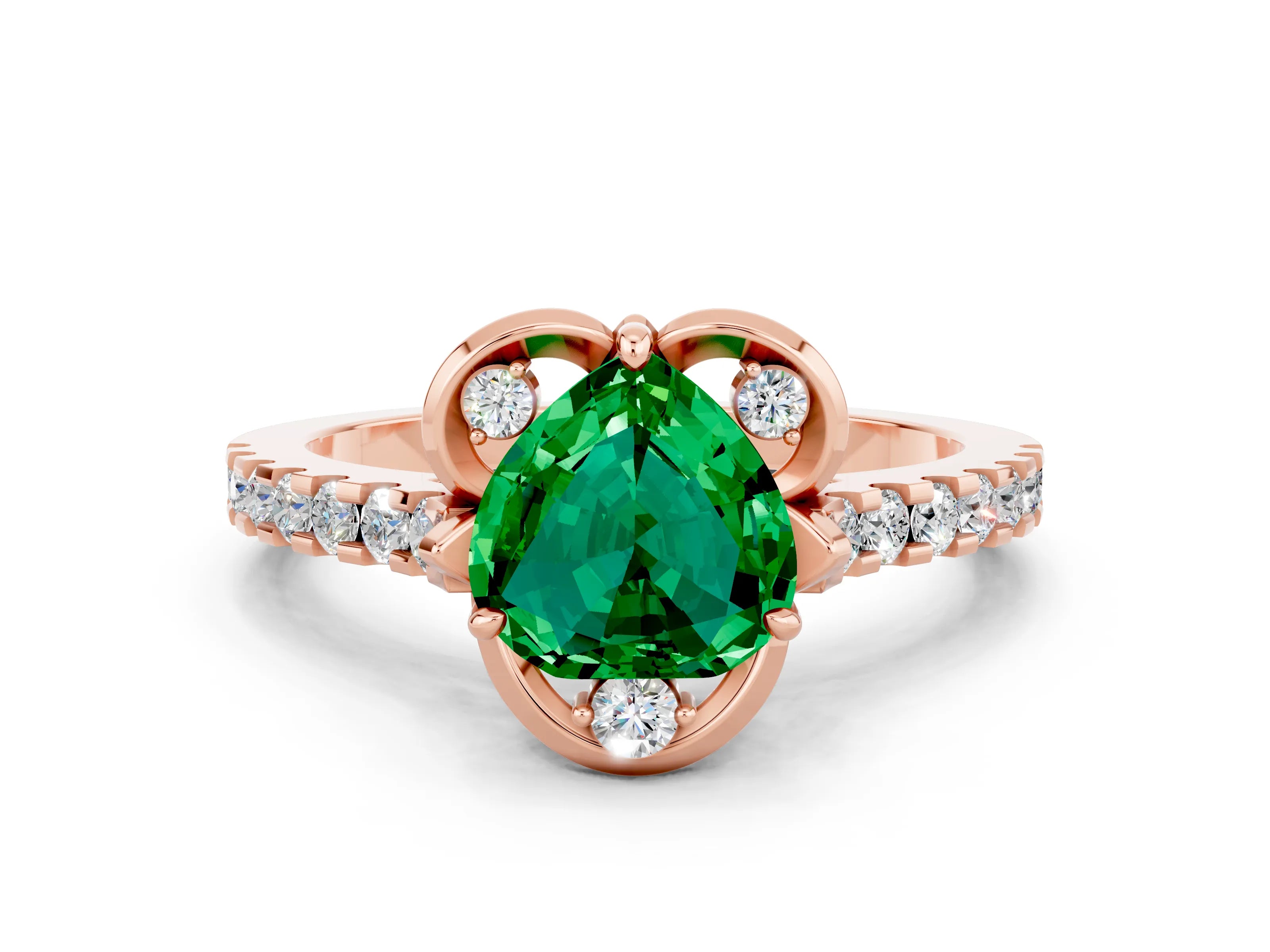 Rose gold Heart Cut Emerald Ring with Pavé Band and Floral Prong Setting
