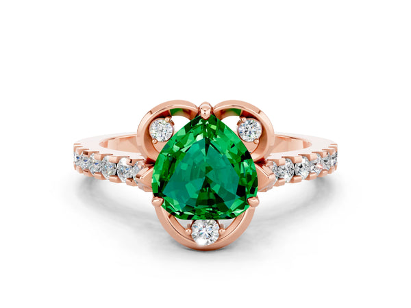 Rose gold Heart Cut Emerald Ring with Pavé Band and Floral Prong Setting