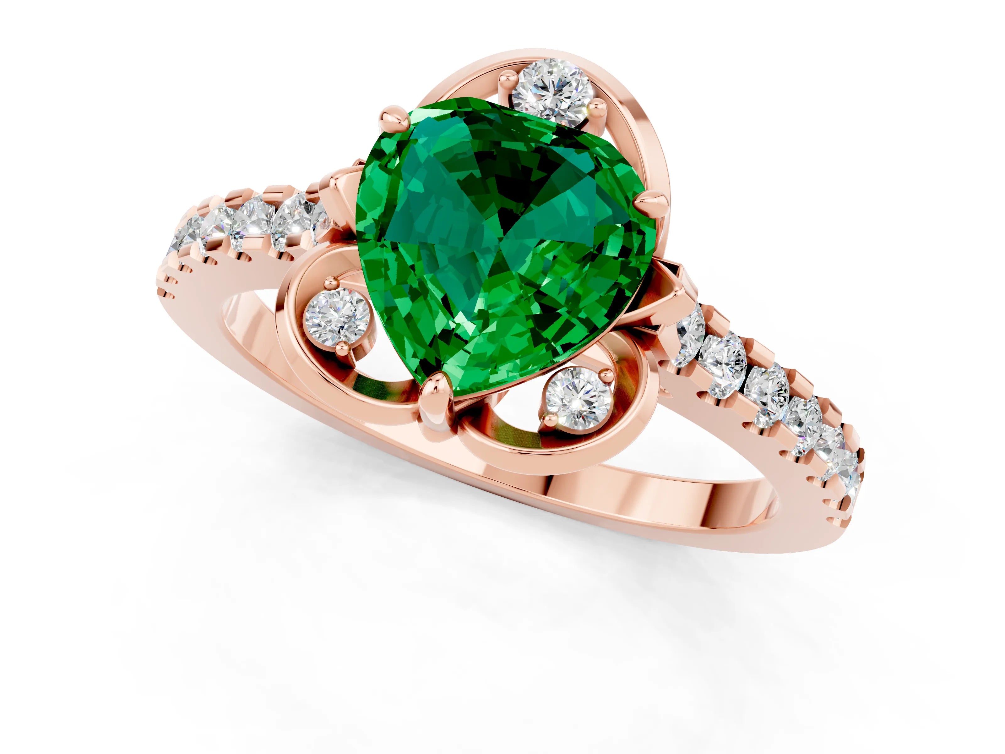 Rose gold Heart Cut Emerald Ring with Pavé Band and Floral Prong Setting_1