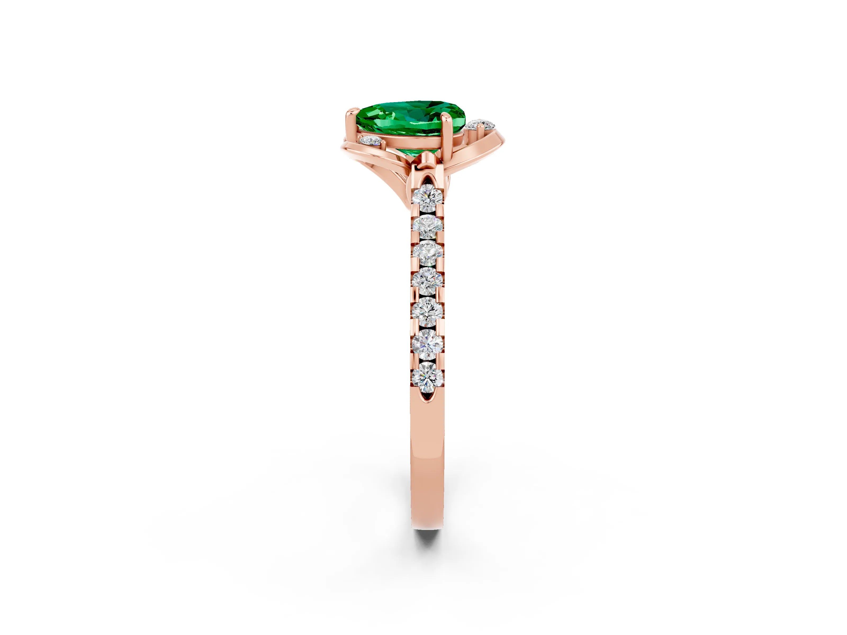 Rose gold Heart Cut Emerald Ring with Pavé Band and Floral Prong Setting_2