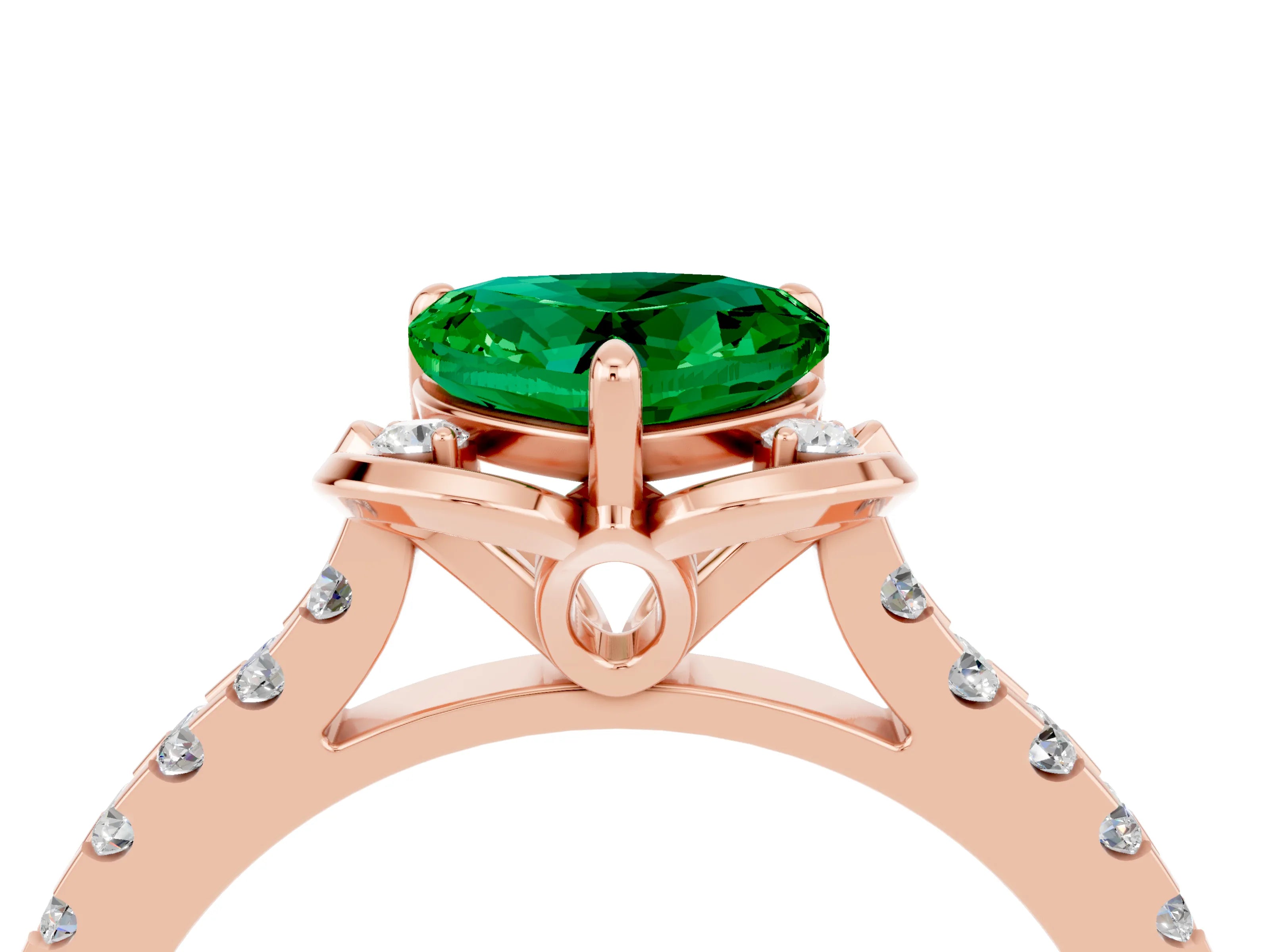 Rose gold Heart Cut Emerald Ring with Pavé Band and Floral Prong Setting_4