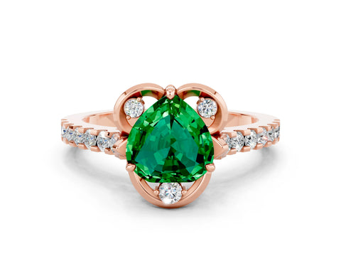 Rose gold Heart Cut Emerald Ring with Pavé Band and Floral Prong Setting