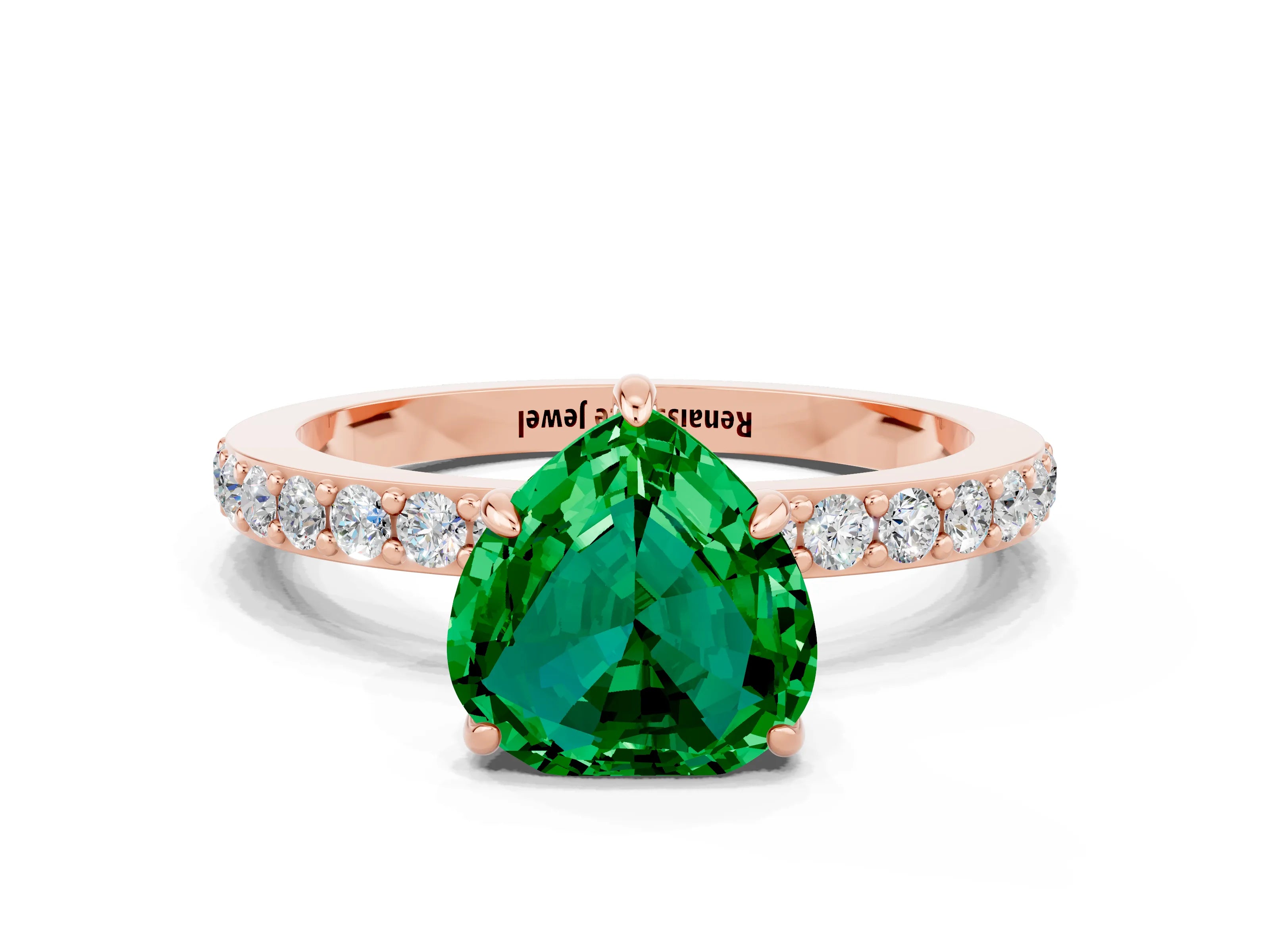 Rose gold Heart Cut Emerald Ring with Pavé Band and Four-Prong Setting