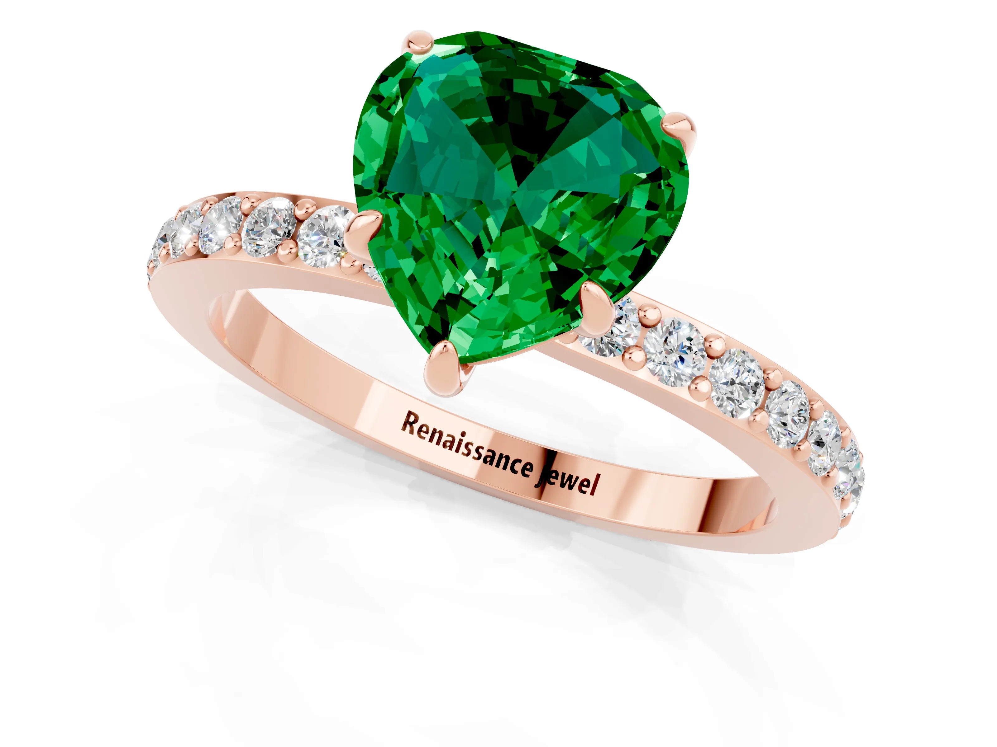 Rose gold Heart Cut Emerald Ring with Pavé Band and Four-Prong Setting_1
