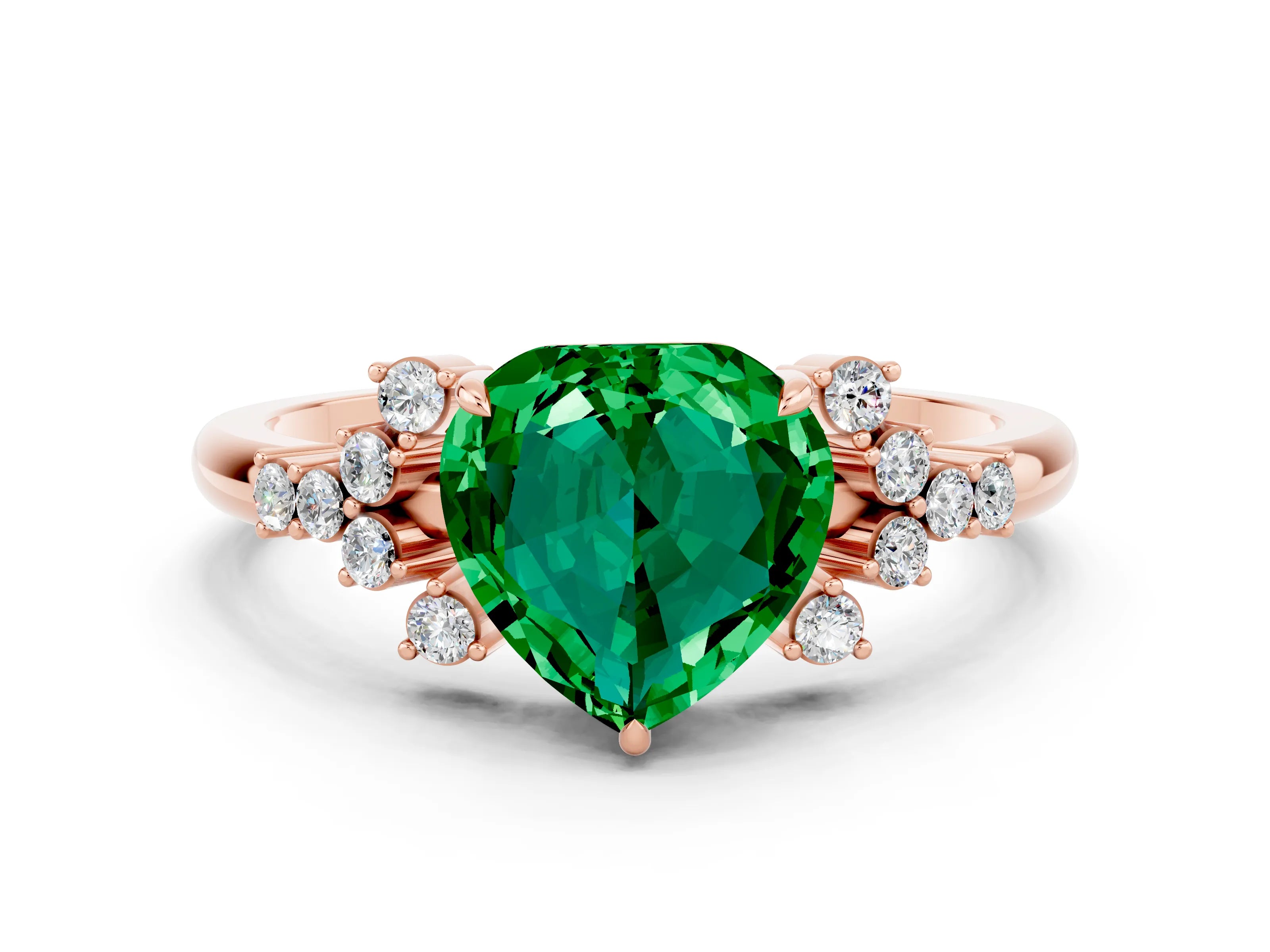 Rose gold Heart Cut Emerald Ring with Side Stones and Four-Prong Setting_36