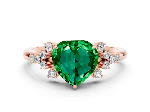Rose gold Heart Cut Emerald Ring with Side Stones and Four-Prong Setting