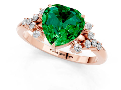 Rose gold Heart Cut Emerald Ring with Side Stones and Four-Prong Setting_37