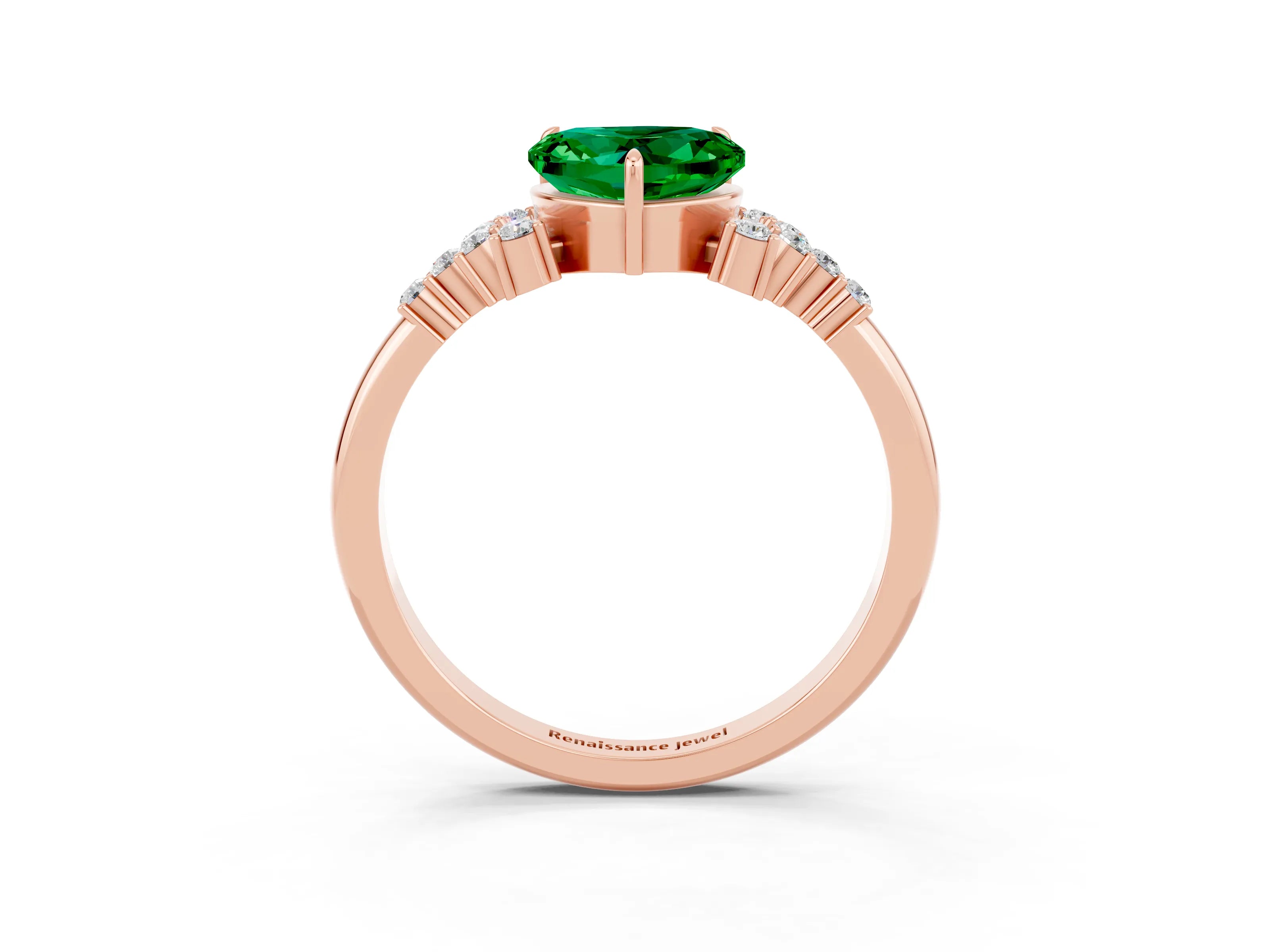 Rose gold Heart Cut Emerald Ring with Side Stones and Four-Prong Setting_39