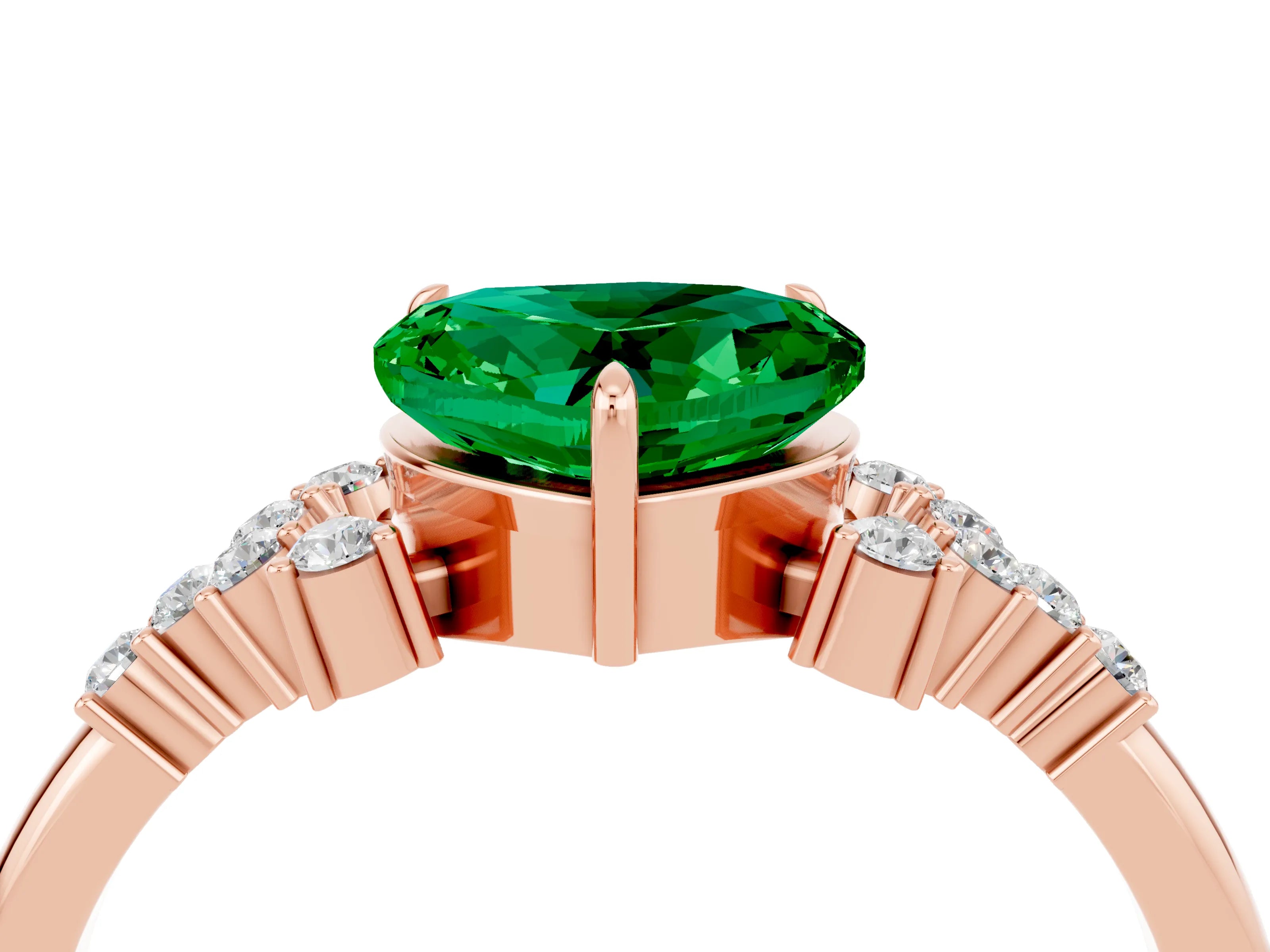 Rose gold Heart Cut Emerald Ring with Side Stones and Four-Prong Setting_40